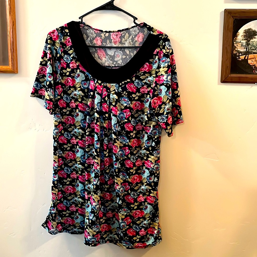 Vibrant Floral Blouse with Black Accents